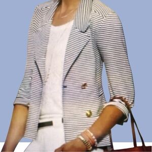 CAbi Woman’s Nautical White and Blue Striped, 3/4 Sleeves Blazer Style 823 Sz L